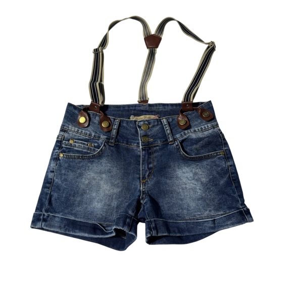 Yellow Beetle Pants - Yellow Beetle Denim Shorts w/ Striped Suspenders | Size 29 Y2K Retro Streetwear